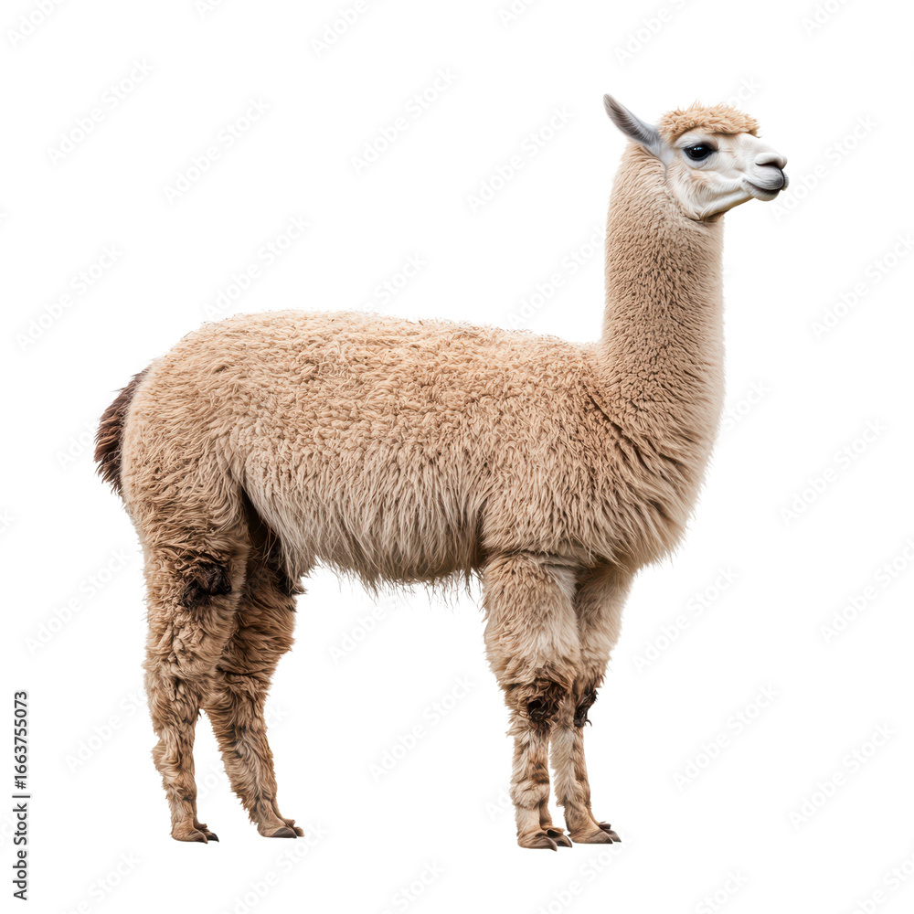 Obraz premium Fluffy Alpaca Standing Isolated on Transparent Background Cutout