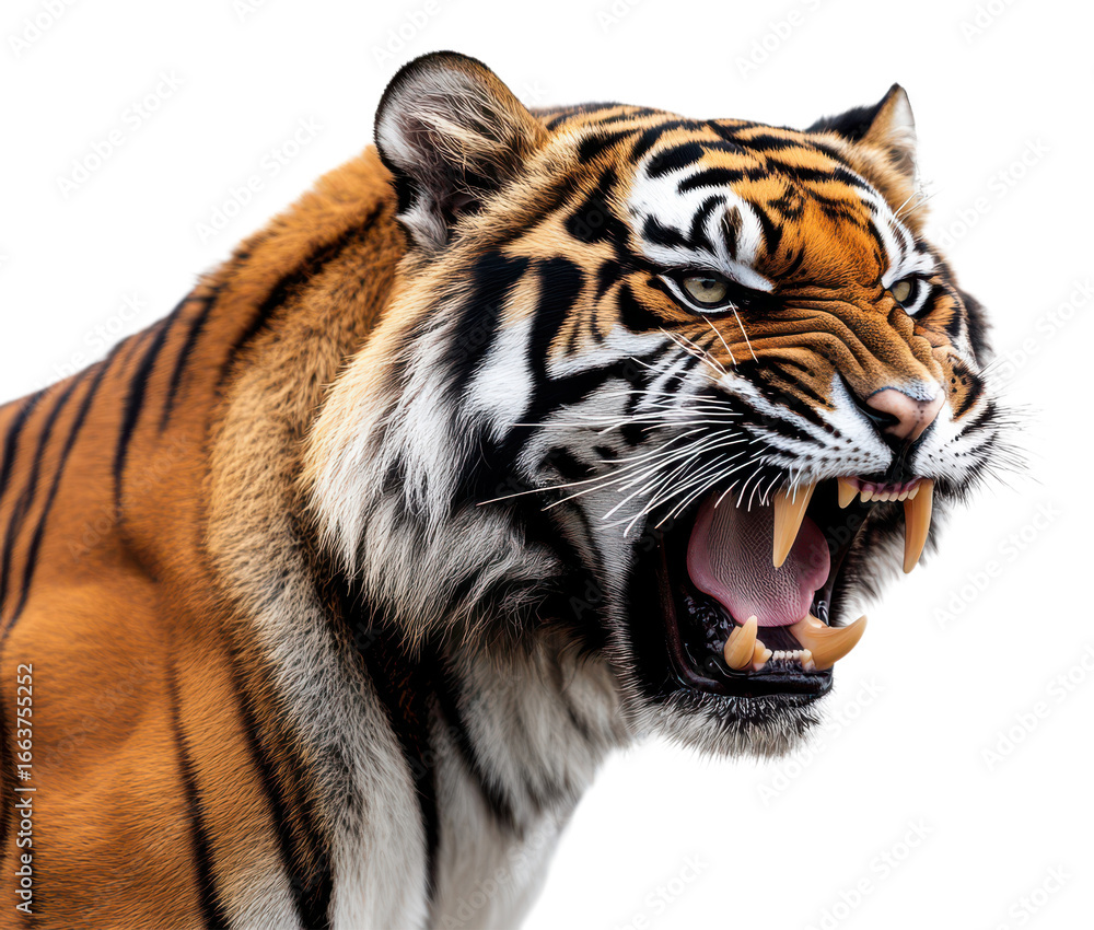 Obraz premium Fierce Tiger Growling with Teeth Bared and Intense Stare, Wild Jungle Cat Snarling Ferociously
