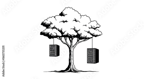 Surreal tree with hanging servers: nature meets technology concept art