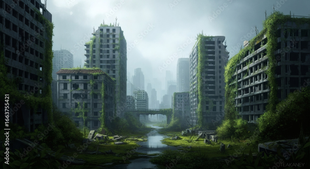Fototapeta premium An abandoned overgrown city with nature reclaiming crumbling buildings, digital painting, moody atmosphere, post-apocalyptic