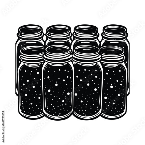 Group of mason jars filled with dark liquid and bubbles