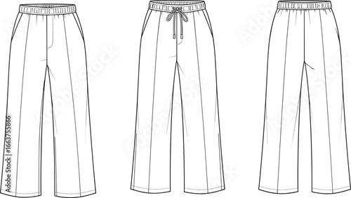CAD drawing flat vector illustration of three pants styles, front side and back views, garment sketch, fashion design, clothing blueprint, technical layout, template artwork