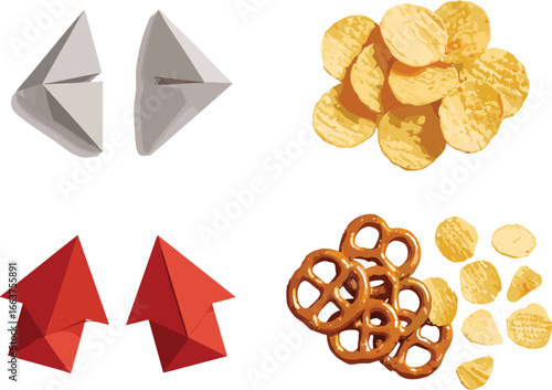 realistic snack food illustration, crunchy potato chips vector, salted pretzel clipart, crispy savory snacks, tasty fast food design