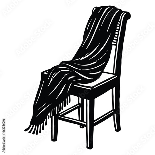 Black and white illustration of a chair with a draped blanket