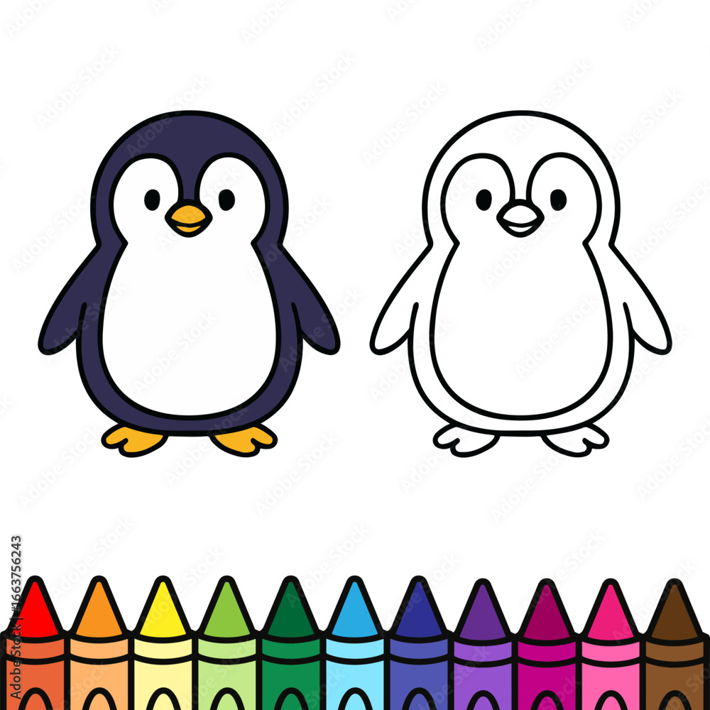 Fototapeta premium Cute penguin coloring page featuring an adorable penguin design with both outlined and colored versions. Perfect for kids activities, learning animals, holiday fun, and creative art projects.