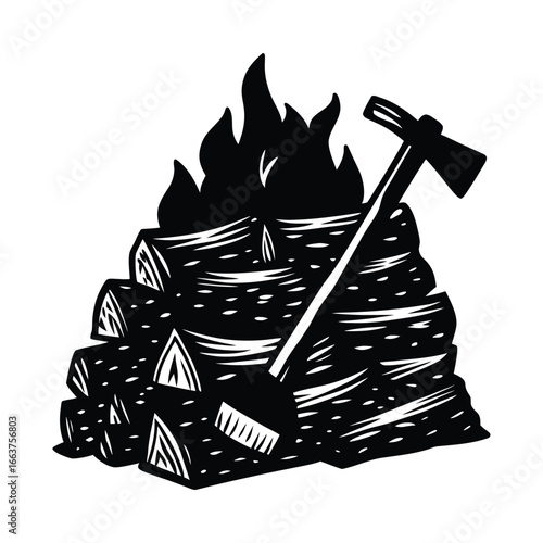 Woodpile with fire and axe illustration