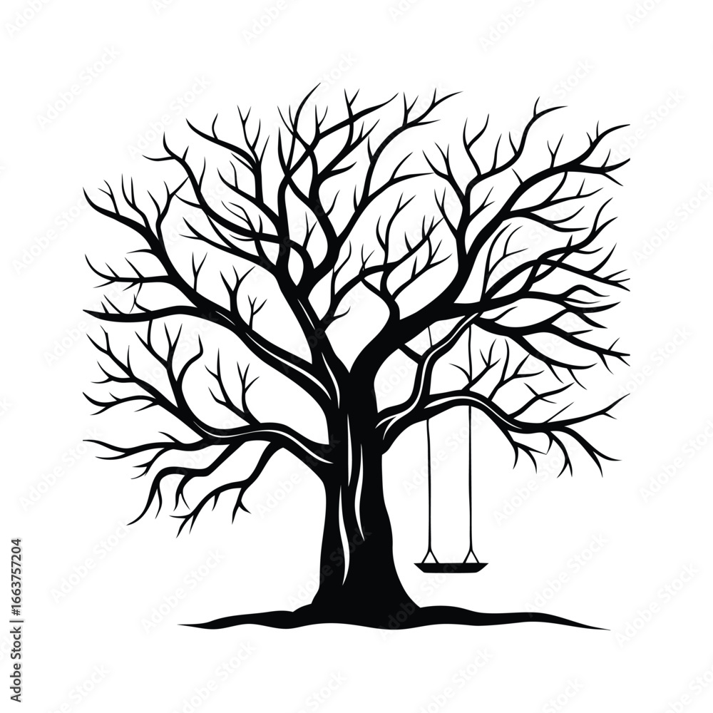 Obraz premium Silhouette of a bare tree with a swing hanging from its branches