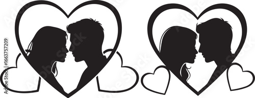 Minimalist black and white love icons – romantic couple silhouettes enclosed in heart outlines with affectionate symmetry.