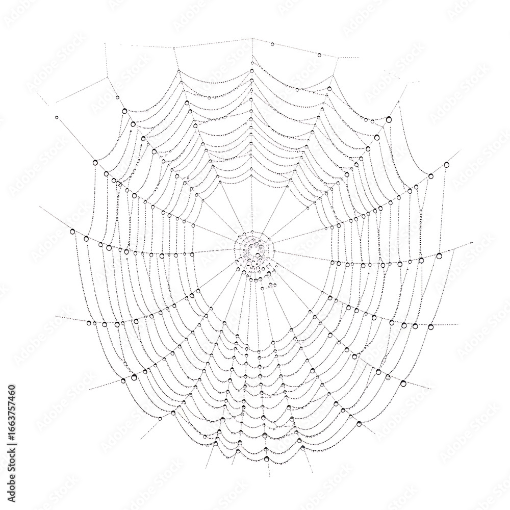 Obraz premium Delicate Spiderweb Adorned with Morning Dew Drops on a White Background