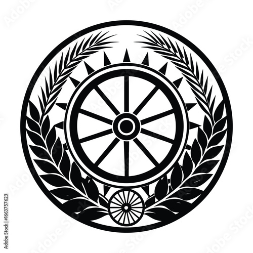 Circular emblem featuring dharma wheel and laurel wreath