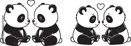 Minimalist black and white panda love icons – cute cartoon duos with heart symbols, expressive eyes, and symmetrical charm.