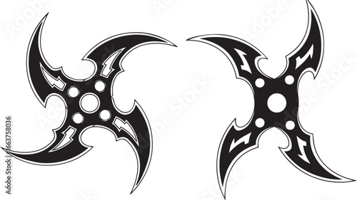 Minimalist black and white shuriken icons – stylized ninja throwing stars with curved blades and symmetrical tribal detailing.