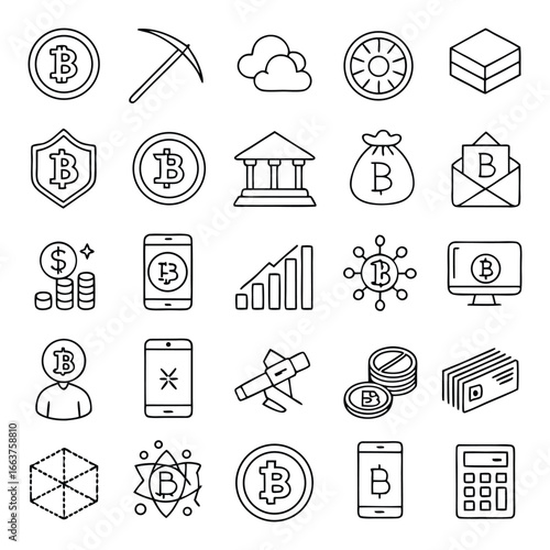 Cryptocurrency and Blockchain Line Icons – Bitcoin, Mining, Bank, Wallet, Mobile, Finance