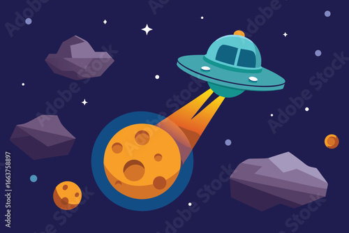 A cartoonish ufo is beaming a planet with craters in a colorful space scene with asteroids and stars, creating a whimsical and playful illustration