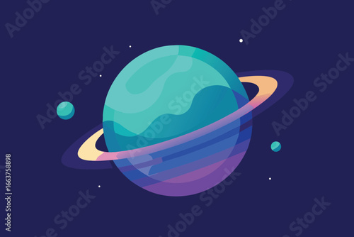 A captivating cartoon illustration of a vibrant planet with rings, set against a deep blue cosmic background, surrounded by twinkling stars and smaller moons