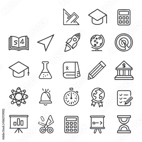 Education and Learning Line Icons – School, Graduation, Book, Pencil, Calculator, Science