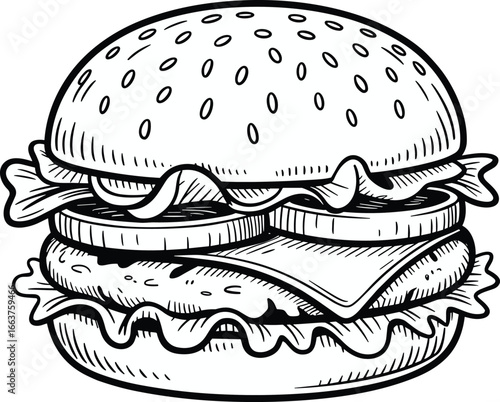 Hand-drawn burger sketch, black and white sandwich illustration, gourmet food drawing, culinary concept artwork, cad drawing flat vector illustration