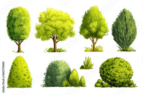 Cartoon Shrub Collection: Playful Green Bush Illustrations Isolated on White Background