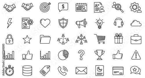 CRM Line Icons for Business Strategy | Scalable Vector Set for Client Engagement Tools. Royalty-free icons for CRM dashboards, client tracking, and sales funnels. Clean, minimal style optimized.