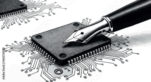 Fountain pen meets microchip: creative technology concept in black and white