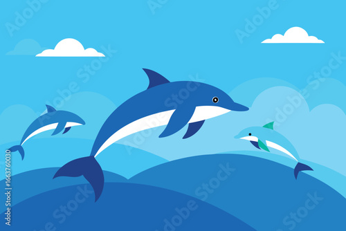 A cartoon illustration of a group of dolphins jumping out of the water on a sunny day with white clouds in the blue sky