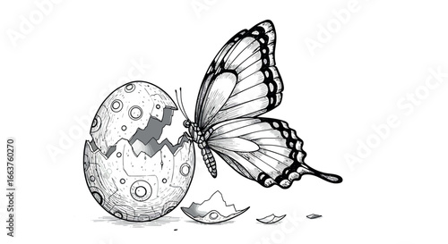 Intricate black white drawing of butterfly emerging from eggshell