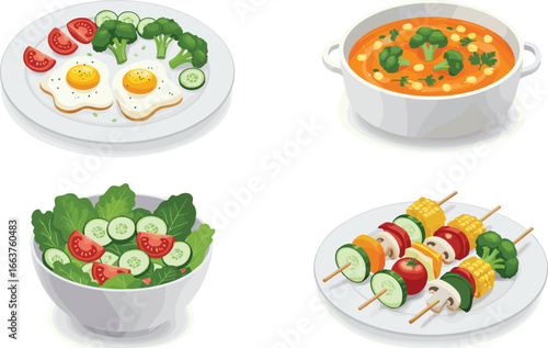 Healthy food vector illustration, vegetable salad, fried eggs with veggies, vegetable soup bowl, grilled vegetable skewers, balanced diet, cartoon meal clipart, nutritious eating design