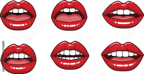 Woman's Red Lips Expression Set | Pop Art Vector Icons

