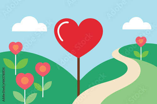  a whimsical valentines day illustration featuring heartshaped flowers and a winding path, perfect for expressing love and romance in a sweet and charming way