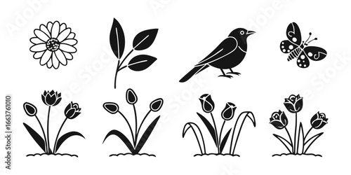 Black and White Spring Icons: Flowers, Bird, and Butterfly