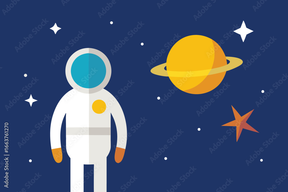 Naklejka premium an astronaut standing in the vast expanse of space, with a ringed planet and twinkling stars scattered across the dark blue background
