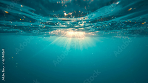 Blue sea. atmospheric underwater shot from a low angle, showing the sun's rays penetrating the deep blue water from the surface.The water is clear, with a slight ripple effect and sparkling dust motes