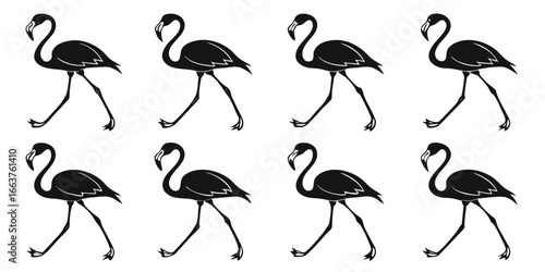 Black Silhouette Flamingos Walking Pattern