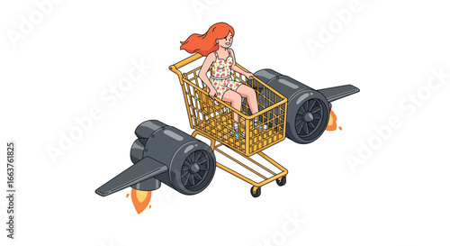 Whimsical adventure: jet-powered shopping cart with joyful woman
