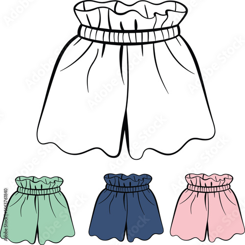 High waist ruffle hem shorts, front view, stylish summer design, elastic waistband, vector flat sketch, women’s fashion apparel, technical drawing, clothing template