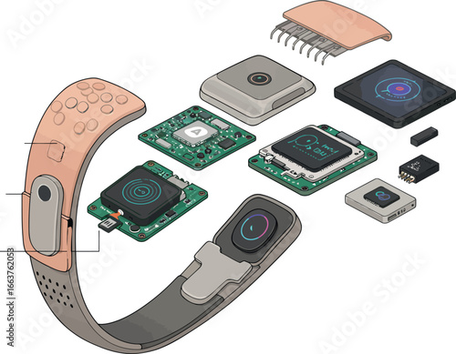 Exploded view of modern smartwatch components in isometric style