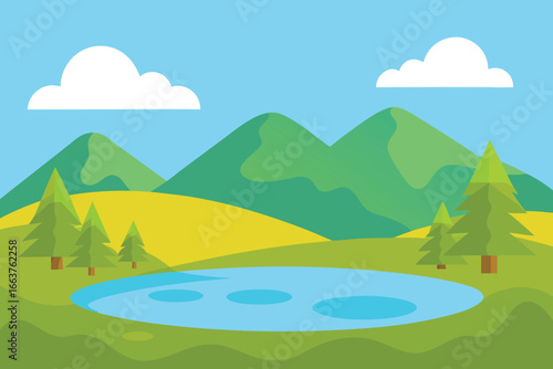  scenic landscape with mountains, trees, lake, and clouds, creating a peaceful and idyllic nature scene for travel and tourism destination