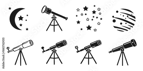 Collection of Astronomical Icons with Telescopes and Celestial Bodies