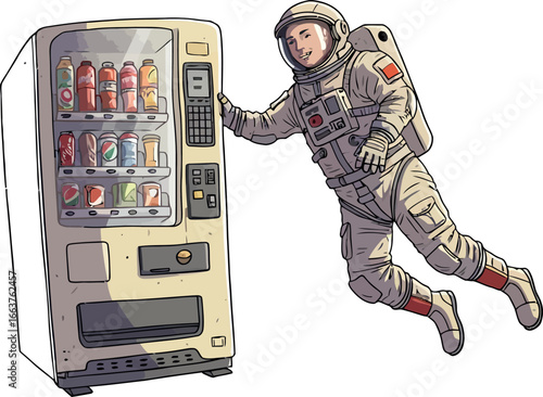 Humorous astronaut floating near vending machine in space suit with drinks