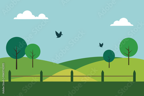  a serene countryside landscape with rolling green hills, trees, birds flying in the blue sky, and a wooden fence, creating a peaceful and idyllic scene