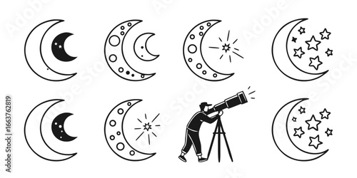 Collection of Crescent Moon and Star Illustrations