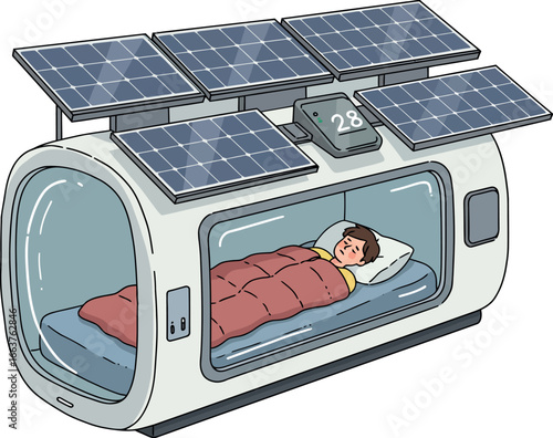 Futuristic solar-powered sleeping pod with modern design and innovative technology