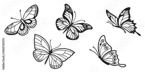 Collection of Five Stylized Butterfly Silhouettes