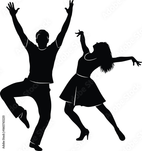 Silhouette of dancing couple in dynamic pose, energetic man and woman expressing joy and movement, perfect vector for party, dance, or celebration design.