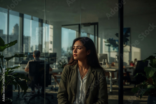 Woman in modern office with large windows and plants Free Download Woman in modern office with large windows and plants - GFXLoad