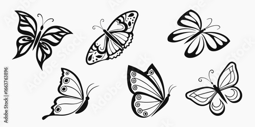 Collection of Six Stylized Black Butterfly Silhouettes