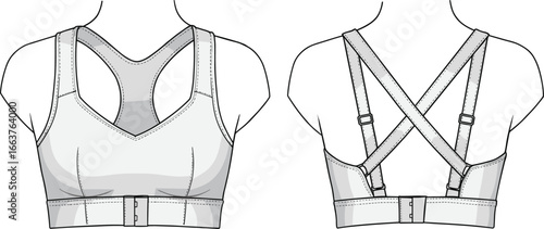 CAD drawing flat vector illustration of sports bra, front and back view, racerback style, adjustable straps, fashion design, athletic wear, technical apparel sketch, activewear layout