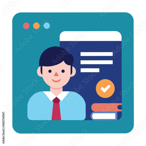  a student completing an online course, with a check mark on the document, illustrating online education and skill development