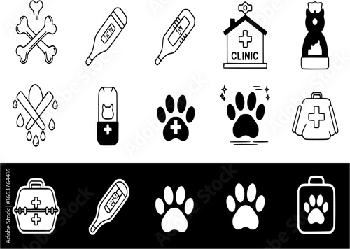 Set Crossed bones, Medical digital thermometer, Veterinary clinic symbol, Paw print, Pet carry case and icon. Vector
