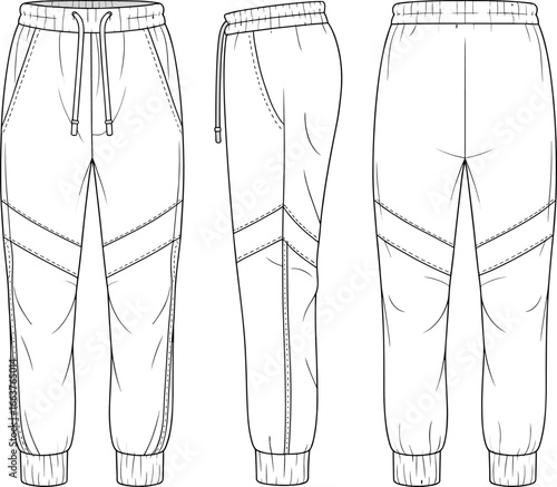Jogger pants flat sketch, drawstring waist, ribbed cuffs, seam detail, fashion CAD template, technical illustration, side and back views, vector garment drawing
